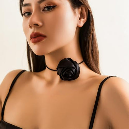 Red Camellia Flower Fabric Choker Necklace for Women Black Rose Floral Rope Statement Necklaces Trendy Costume Outfit Cloth Jewelry Petal Accessories - color: Black