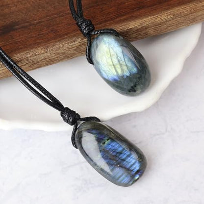 Natural Gemstone Pendant Necklace Healing Crystal Stone Choker Necklace Adjustable Waxed Black Rope for Men - color: Labradorite