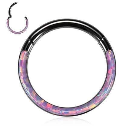 Opal Septum Jewelry Surgical Steel Septum Ring Daith Rook Tragus Earring | Hinged Segment Nose Hoop Ring,Hypoallergenic Septum Piercings for Women,Conch Cartilage Helix Jewelry,Diameter 6mm to 10mm - color: Black,Purple Opal, size: 16G 8mm