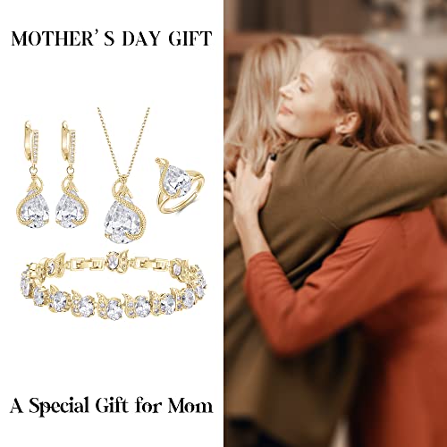 EVER FAITH Wedding Jewelry Set for Bride Bridesmaid, Glamour Teardrop Cubic Zirconia Pendant Necklace Earrings Tennis Bracelet Open Ring Sets for Birthday/Valentine's Day/Mother's Day/Christmas - color: A_Clear Gold-Plated-Brass