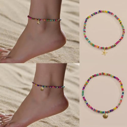 Shell Starfish Ankle Bracelet Set for Women,Handmade Bohemian Colorful Beaded Layered Hawaiian Beach Seashell Starfish Foot Jewelry Gifts Friendship Family