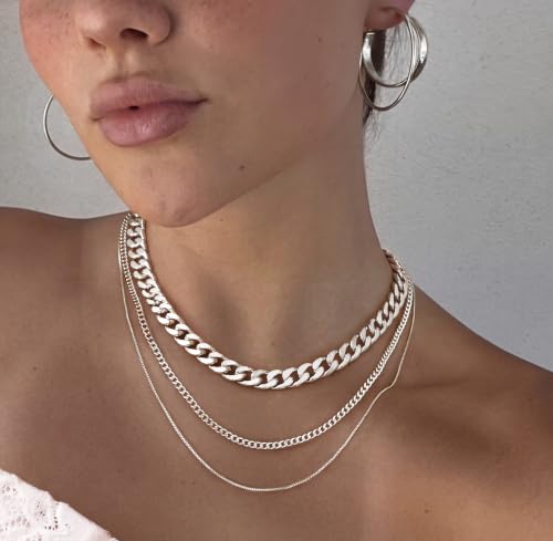 Tewiky Layered Necklaces for Women 14k Gold Plated Chain Necklace Set | Chunky Herringbone/Snake/Rope/Box/Cuban Link Chain for Women, Layering Stack Choker Necklace, Dainty Jewelry Set Non Tarnish - color: Silver--style I