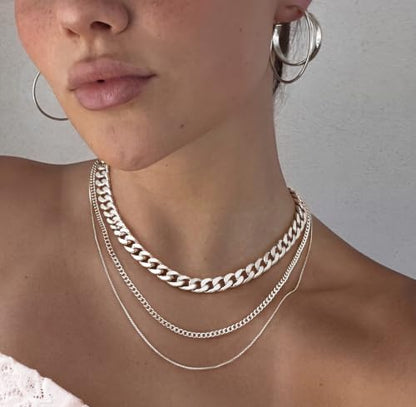 Tewiky Layered Necklaces for Women 14k Gold Plated Chain Necklace Set | Chunky Herringbone/Snake/Rope/Box/Cuban Link Chain for Women, Layering Stack Choker Necklace, Dainty Jewelry Set Non Tarnish - color: Silver--style I