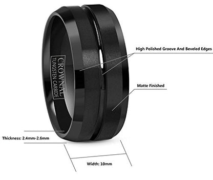 CROWNAL 4mm 6mm 8mm 10mm Black Tungsten Wedding Band Ring Men Women Beveled edges Polished Grooved Center Comfort Fit Size 4 To 17 - color: 10mm