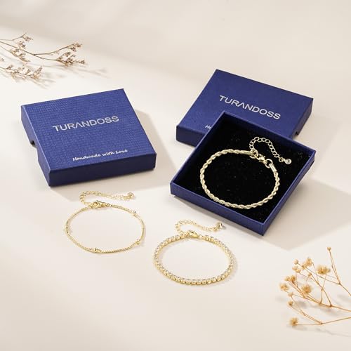 Turandoss Gold Bracelets for Women - Dainty 14K Gold Plated Tennis Bracelet | Stackable Cross Beaded Set, Twisted Rope Chain, Snake Paperclip Chain, Knot Cuff Bracelets for Women, Jewelry Gifts - color: Satellite Tennis Set