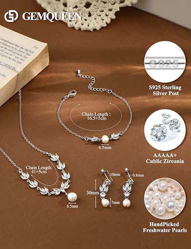 14K Gold Plated Pearl Jewelry Set 925 Sterling SIlver Post | Dainty Dangle Earrings Adjustment Pearl Necklace Bracelet Wedding Jewelry Sets for Bride Bridesmaid Trendy - color: Silver 2