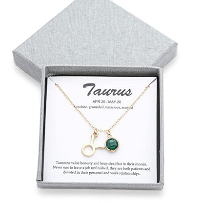 14k Gold Plated Zodiac Birthstone Crystal Pendant Necklace, Horoscope Sign Charm Necklace for Women Birthday Gift - color: Taurus-May