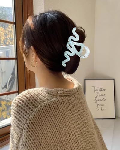 4PCS Large Claw Clips for Thick Hair, Large Acrylic Hair Clips | Modern Marble Geometric Design, Non-Slip Secure Hold for Long Hair, Buns, Updos and Everyday Styling - color: Wave-White + Pink + Blue + Cyan