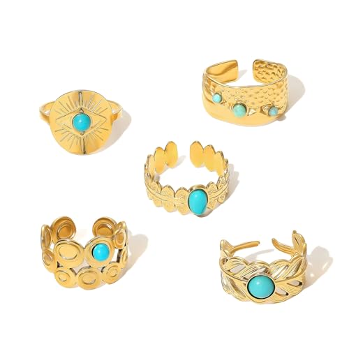 18K Gold-Plated Turquoise Ring Set for Women 5Pcs Vintage Boho Knuckle Rings Adjustable Stainless Steel Rings Starlight Devil's Eye Turquoise Ring Sun Feathers Wide Band Finger Stackable Rings Jewelry Gift - color: Gold-A