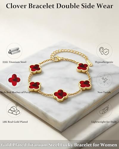 Four Leaf Clover Bracelet for Women 18K Gold Plated Stainless Steel 4 Leaf Link Chain Adjustable Bracelets Lucky Gift for Women/White/Black/Rich Red/Emerald Green/ Navy Blue/Pink Bracelets - color: Dark Red/Gold
