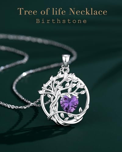 FANCIME Tree of life Birthstone necklace Sterling Silver Pendant Birthstone Necklace Gemstone Anniversary Birthday Jewelry Mothers Day Gifts for Mom Her Wife - color: Feb.-Amethyst