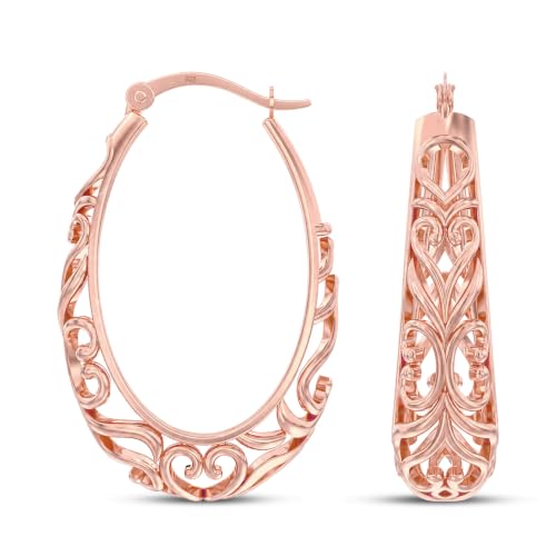 LeCalla 925 Sterling Silver Chunky Hoop Earrings | Filigree Heart Hoop Earrings for Women | Oval & Round Mesh Filigree Click-Top Hoops Earring | Hypoallergenic Earrings for Women - color: Rose Gold Oval Heart Filigree 28MM