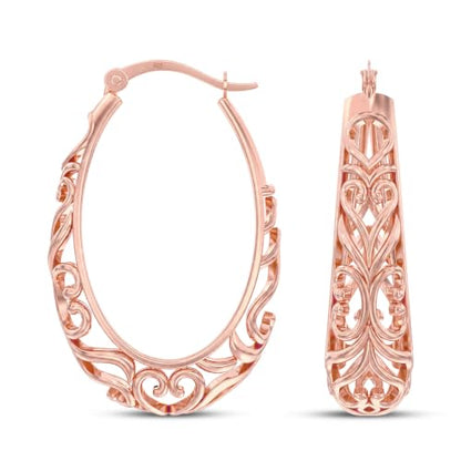 LeCalla 925 Sterling Silver Chunky Hoop Earrings | Filigree Heart Hoop Earrings for Women | Oval & Round Mesh Filigree Click-Top Hoops Earring | Hypoallergenic Earrings for Women - color: Rose Gold Oval Heart Filigree 28MM
