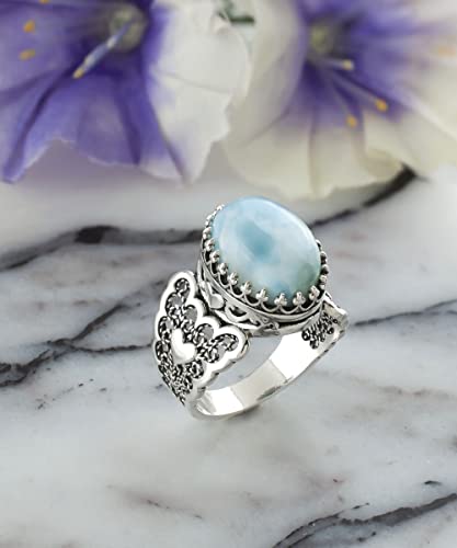 Filigranist 925 Sterling Silver Handcrafted Filigre Art Double Heart Detailed Women Cocktail Ring with Gemstones - color: Larimar
