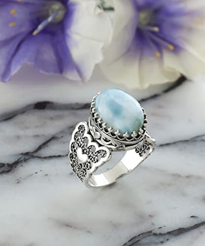 Filigranist 925 Sterling Silver Handcrafted Filigre Art Double Heart Detailed Women Cocktail Ring with Gemstones - color: Larimar