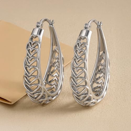 LeCalla 925 Sterling Silver Hoop Earrings | Women's Filigree Hoop Earrings | Openwork Mesh Filigree Cut Earring | Lightweight & Hypoallergenic Vintage Hoop Earrings for Women - style: Silver / Oval Heart Filigree