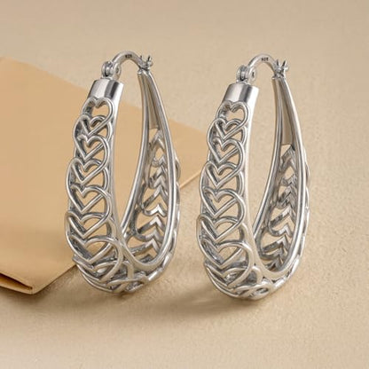 LeCalla 925 Sterling Silver Hoop Earrings | Women's Filigree Hoop Earrings | Openwork Mesh Filigree Cut Earring | Lightweight & Hypoallergenic Vintage Hoop Earrings for Women - style: Silver / Oval Heart Filigree