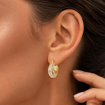 Gold Silver Huggie Hoop Earrings for Women 18K Gold & Sterling Silver Plated Cubic Zirconia Hoop Earrings Double Hoops Earrings Hypoallergenic Non Tarnish Earings Jewelry Gift - color: Gold-A