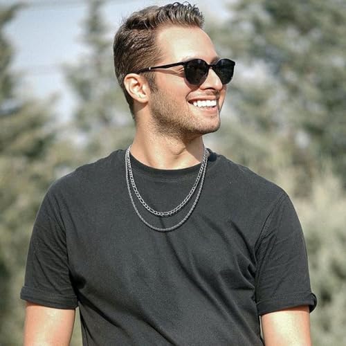 Layered Stainless Steel Chain Necklaces for Men Boys, 2Pcs Cuban Link/Rope/Herringbone Chains Jewelry Gifts, 16 "/18 ", 18 "/20 ", 20 "/22 ", 22 "/24 " - color: Silver, size: 18IN/20IN, style: Figaro/ Rope Chain Set