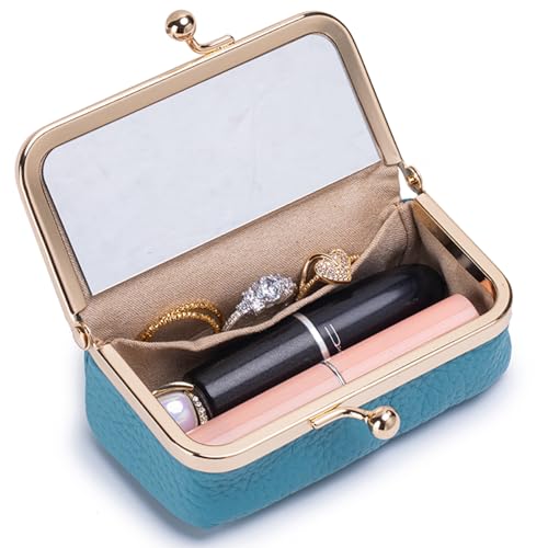 Genuine Leather Travel Jewelry Box, Mini Jewelry Organizer Case with Mirror for Women, Small Lipstick Bag for Purse, Cute Portable Gift for Her women giril (Light Blue, A) - color: Light Blue, size: A
