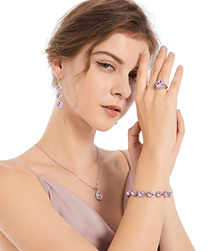 LMXXVJ Necklace Long Earrings Bracelet Set, White Gold Plated Created Blue Sapphire Jewelry Set Wedding Party Gift Jewelry for Women Bridal Bridesmaid - color: White Gold-Pink Ring