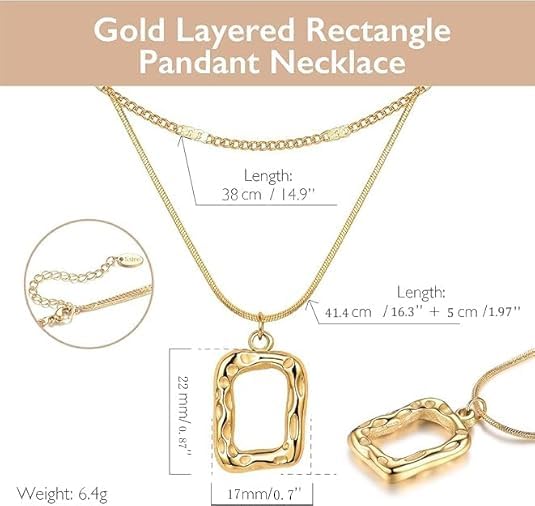 Evabelle Gold Layered Necklace for Women Trendy Jewelry 14K Real Gold Plated Chunky Chain Stackable Necklaces Dainty Choker Necklaces Rectangle Square Pendant - color: Gold Necklace 01