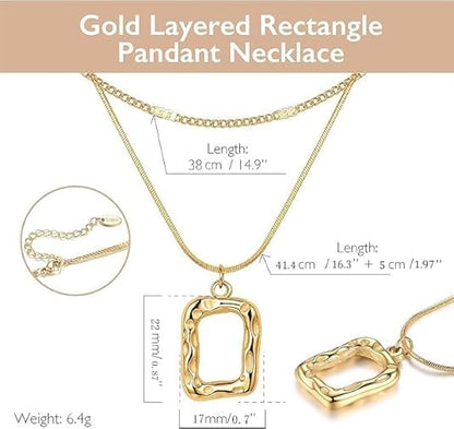 Evabelle Gold Layered Necklace for Women Trendy Jewelry 14K Real Gold Plated Chunky Chain Stackable Necklaces Dainty Choker Necklaces Rectangle Square Pendant - color: Gold Necklace 01