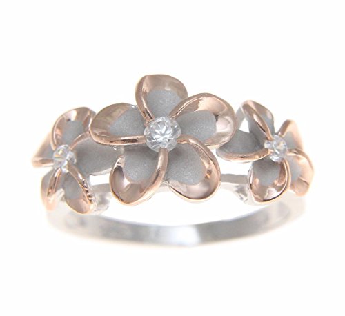 Arthur's Jewelry Sterling Silver 925 Hawaiian 3 Plumeria Flower cz Ring Rhodium and Pink Rose Gold Plated Size 3-10