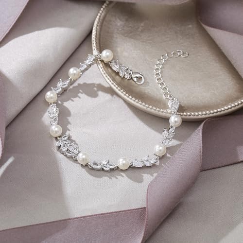 EVER FAITH Gorgeous Cubic Zirconia Pearl Wedding Link Bracelet for Bride | Marquise Teardrop Crystal Bridal Prom Jewelry, for Women Bridesmaids - style: Leaf_Clear Silver-Tone