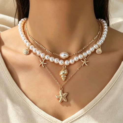 Gold Layered Necklaces for Women Chunky Stacked Necklaces for Women Trendy Retro Coin Pendant Necklace Womens Multilayer Chain Necklaces Fashion Jewelry Gifts - style: 3PCS Shell Necklace