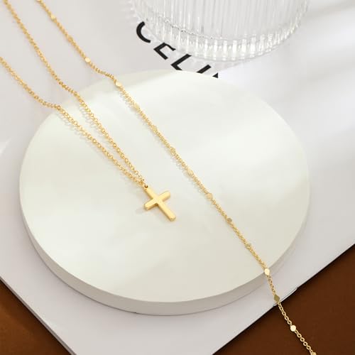 Cross Necklace for Women Dainty 14K Gold/Silver Plated Sideways Cross Necklace Non Tarnish Trendy Gold/Silver Small Cute Simple CZ Jewelry Baptism Religious Faith Jewelry Gifts - color: GD