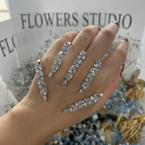 Elegant Leaves Open Palm Bracelet Adjustable Wedding Three Finger Ring Cuff Cubic Zircon Hand Bangle for Women Silver