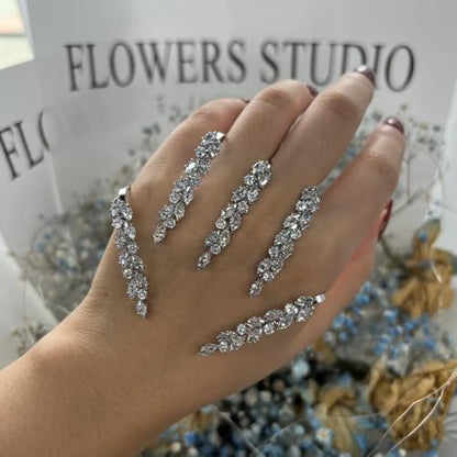 Elegant Leaves Open Palm Bracelet Adjustable Wedding Three Finger Ring Cuff Cubic Zircon Hand Bangle for Women Silver