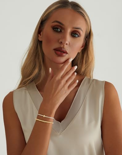 14K Gold Plated Bracelets for Women Dainty Tennis Initial Bracelet Trendy Beaded Stackable Charm Bracelets Layered Waterproof Bracelet Dainty Bracelet for Women Jewelry Gifts - style: I
