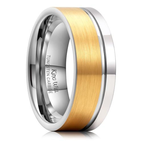 King Will Mens Tungsten Carbide Wedding Band with Groove Design | 6/7/8mm Width, Grooved, Comfort Fit, Everyday Wear - color: Gold&Silver Groove-8mm