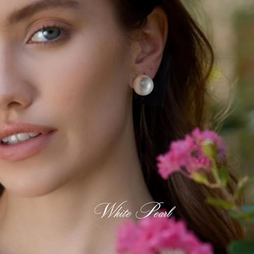 Trendy Big Simulated Pearl Earrings for Women, 925 Sterling Silver Post 14/12MM Oversized Large Pearl Studs Bride Bridesmaid Prom Wedding Earrings Jewelry Gifts - color: White, size: 14MM