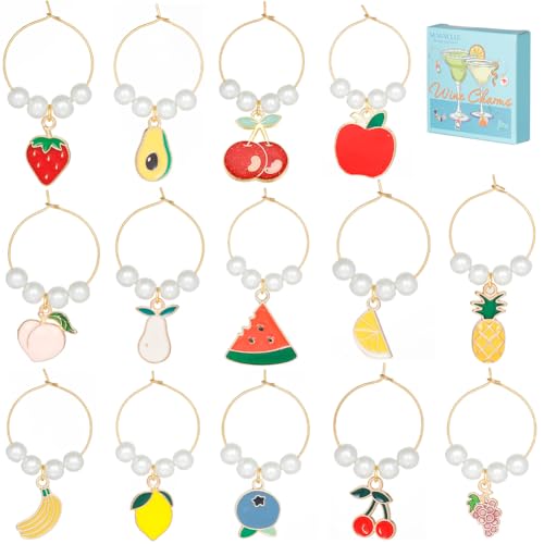 SUNNYCLUE 14 Sets Wine Glass Charms - Thanksgiving, Christmas Party Favor - style: 14 Sets Golden Tone Fruit Drink Identifiers & Upgraded Gift Box