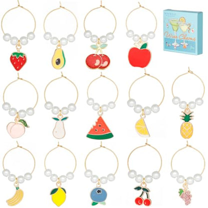 SUNNYCLUE 14 Sets Wine Glass Charms - Thanksgiving, Christmas Party Favor - style: 14 Sets Golden Tone Fruit Drink Identifiers & Upgraded Gift Box