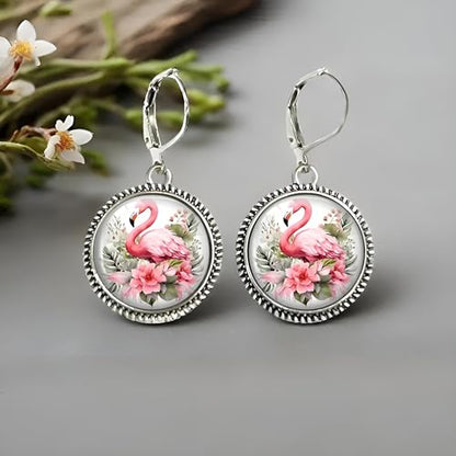Flamingo Jewelry Set with Pink Crystal, 4-Piece Silver Teardrop Design, Necklace Bracelet Earrings Ring