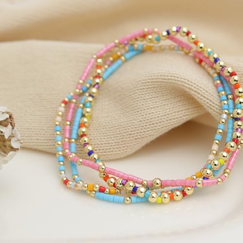 Colorful Seed Beaded Stack Bracelets Set for Women, 4Pcs Cute Dainty Boho Handmade Gold Beads Stackable Stretch Friendship Bracelet Prom Jewelry Gift.