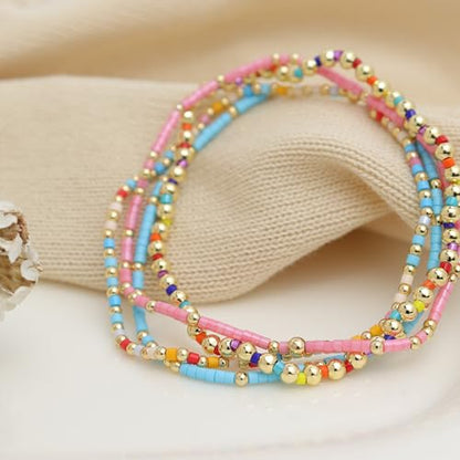 Colorful Seed Beaded Stack Bracelets Set for Women, 4Pcs Cute Dainty Boho Handmade Gold Beads Stackable Stretch Friendship Bracelet Prom Jewelry Gift.