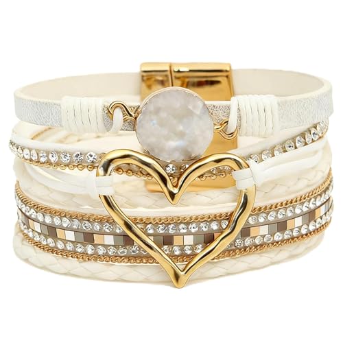Leather Wrap Bracelets for Women, Boho Leopard Multi-Layer Crystal Beads Cuff Jewelry - color: J-Warp-019