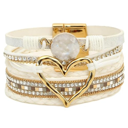 Leather Wrap Bracelets for Women, Boho Leopard Multi-Layer Crystal Beads Cuff Jewelry - color: J-Warp-019