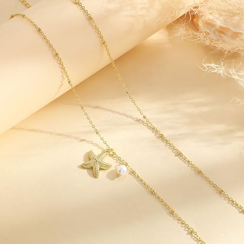 14K Gold Plated Layered Body Waist Chain for Women | Layered Waist Chain with CZ Heart and Pearl Pendant, Belly Chain Belt Jewelry for Women, Bikini Summer Beach Wear - style: Starfish Waist Chain