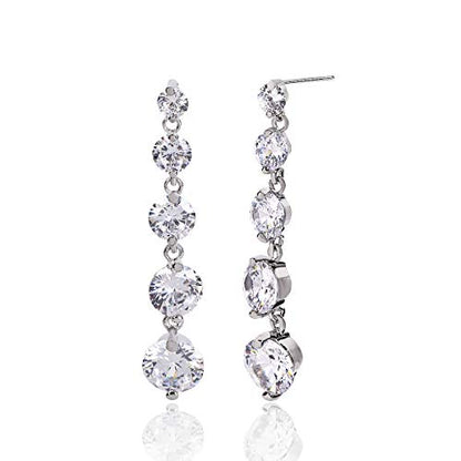 Women's Cubic Zirconia Bridal Earrings - Elegant Long Wedding Party Prom Earring for Bride Bridesmaids Crystal CZ Rhinestone Chandelier Statement Dangle Drop Earrings for girls - color: 5 Round CZ Drop Earring-silver