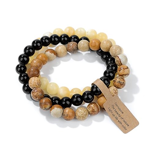 3 PCS Healing Crystal Bracelets for Women 8mm Natural Stone Beaded Stretch Bracelet Amethyst Jewelry Gifts - color: 11 8mm Picture Jasper & Yellow Jade