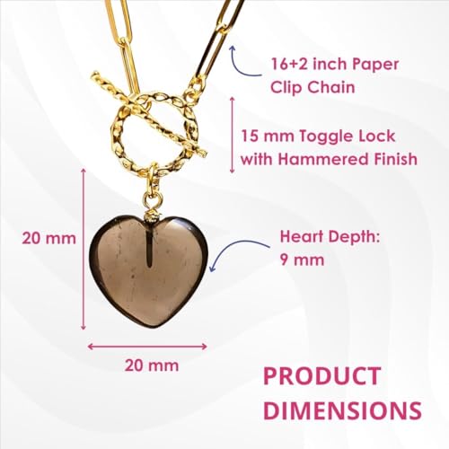 Gempires Gemstone Heart Pendant Necklace for Women, Gold Toggle Birthstone | Handmade gemstone heart pendant necklace — choose from 11 stones and birthstones, gold toggle paperclip chain. - color: Smoky Quartz