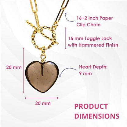 Gempires Gemstone Heart Pendant Necklace for Women, Gold Toggle Birthstone | Handmade gemstone heart pendant necklace — choose from 11 stones and birthstones, gold toggle paperclip chain. - color: Smoky Quartz