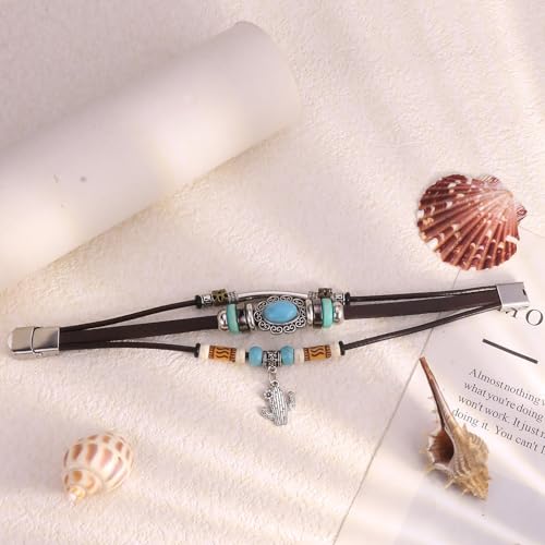 INENIMARTJ Western Turquoise Leather Wrap Bracelets for Men Women Boho Multilayer Turquoise Cuff Wrap Bracelet Western Bracelet Jewelry for Men and Woman - color: 19coffee