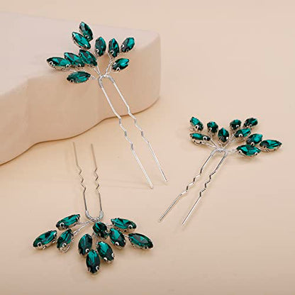 Teyglen 3pcs Bridal Crystal Hair Pins Rhinestones Hair Pieces Simple Crystal Wedding Hair Accessories Handmade Hair Pins for Women Bride Girls (Green-Silver) - color: Green-Silver